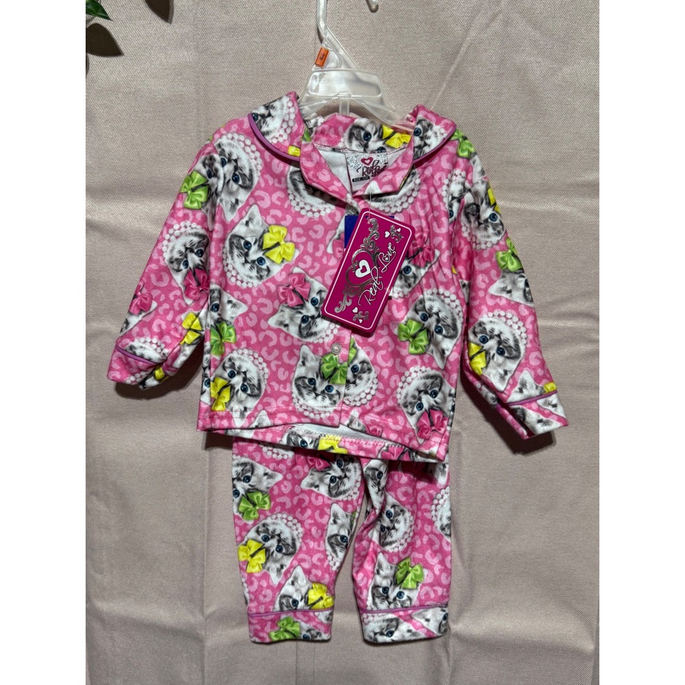 Real Love Baby Girl Pink Leopard Kitten Pajama Set 2pc Sleepwear 12M NWT
